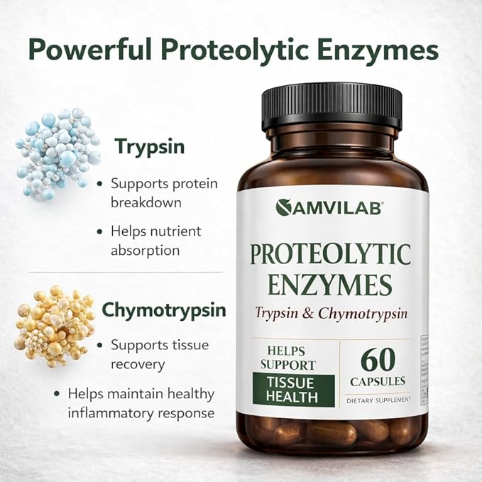 Proteolytic Enzymes | Trypsin &amp Chymotrypsin – Advanced Digestive Enzyme Supplement for Woman&ampMen - Digestive Enzymes for Protein Breakdown Immune &amp Circulatory Health - 60 Capsules