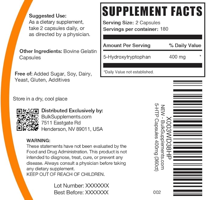 BulkSupplements.com 5-HTP Capsules - 5-Hydroxytryptophan 5 HTP Supplement - 5-HTP 400mg for Overall Well-Being - Gluten Free 2 Capsules per Serving 360 Count (Pack of 1)