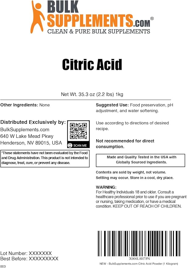 BulkSupplements.com Citric Acid Powder - Citric Acid Food Grade for Flavor Enhancer &amp Cleaning Citric Acid for Bath Bombs - Anhydrous &amp Gluten Free 1kg (2.2 lbs) (Pack of 1)