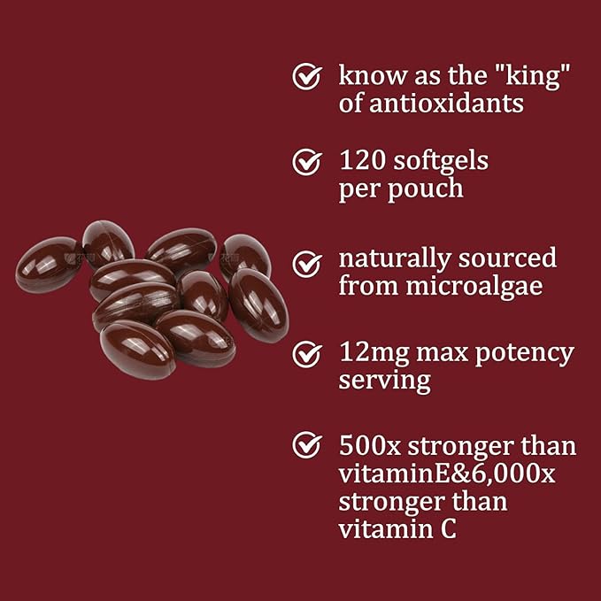 Astaxanthin 12mg Natural Antioxidant Supports Immune Fresh Microalgae for Skin Eye and Internal Circulation Health 120 Softgels (01 02#)