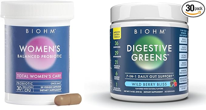 BIOHM Women's Probiotics 30B CFU &amp Super Greens/Kids Berry Blast Bundle: Gut &amp Overall Health Support 9 Strains 30-Day Supply Rich in Antioxidants
