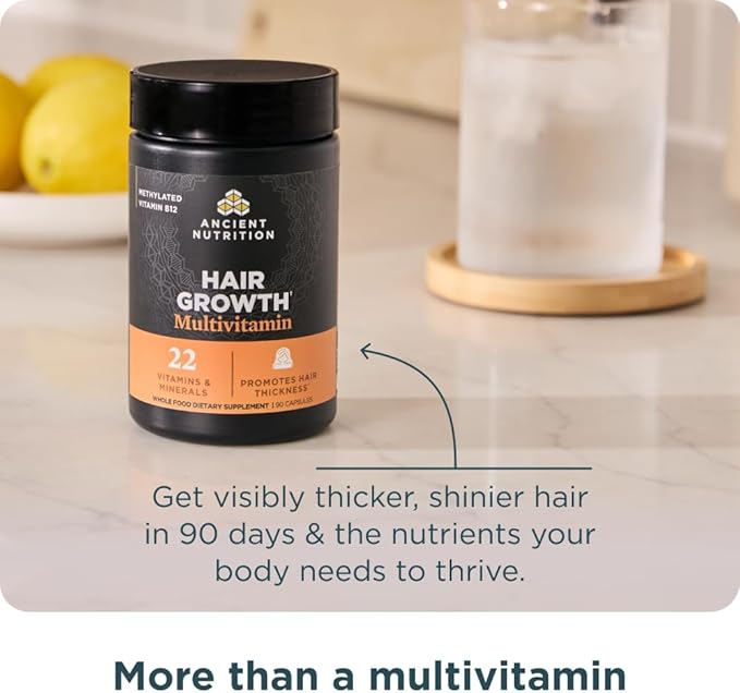 Ancient Nutrition Hair Growth Multivitamin – Supports Thicker Hair Less Shedding Smoother Skin &amp Stronger Nails – with Solubilized Keratin Powered by Peptides 22 Vitamins &amp Minerals – 30 S