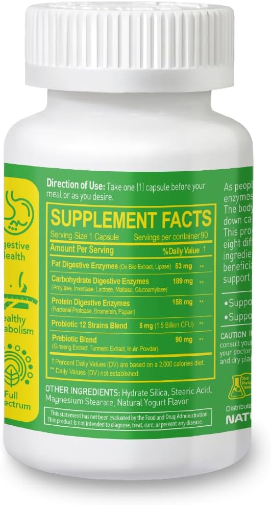 Digestive Enzyme Multiplex - Multi Enzymes Probiotic 12 Strains &amp Prebiotic for Digestive Health Bloating &amp Gut Health - Mealtime Discomfort Relief - 90 Vegan Capsules 90 Day Supply