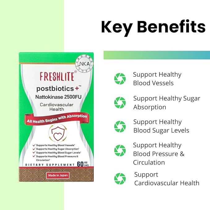 FRESHLITE 2500FU Premium NSK-SD Nattokinase &amp Vegan Postbiotics for Cardiovascular Support | Blood Pressure Cholesterol &amp Heart Health | JNKA Certified | Non-GMO Gluten-Free 60 Capsules Jap