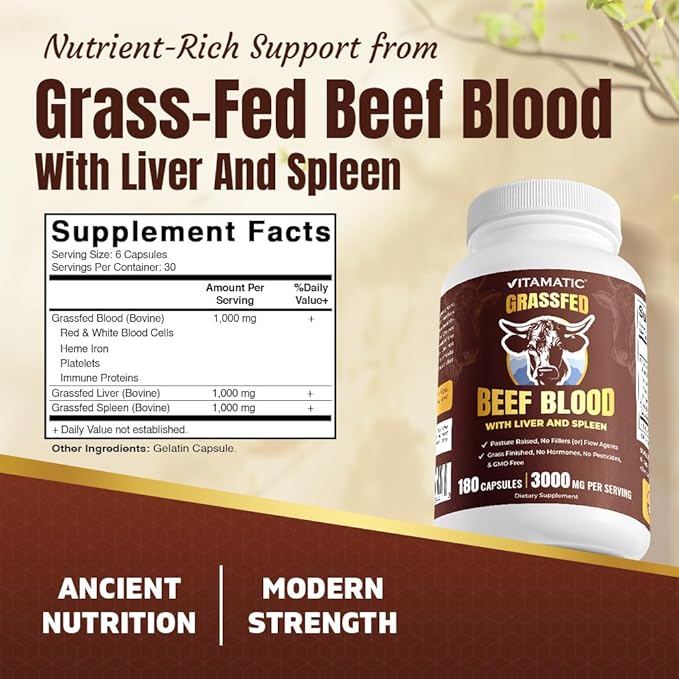 Vitamatic Grass Fed Beef Blood with Liver and Spleen 180 Capsules – Freeze-Dried Non-GMO Bovine Liver Supplement – Pasture-Raised Glandular-Based Formula