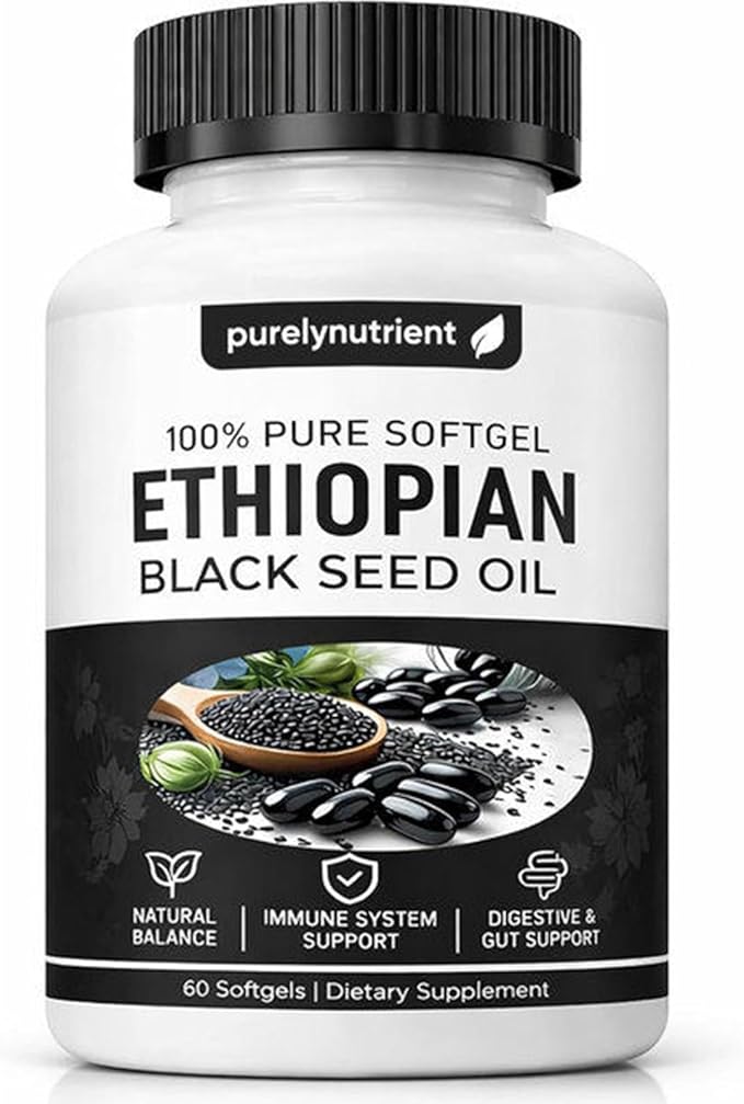 Ethiopian Black Seed Oil Capsules 4.64% Thymoquinone – Purely Nutrient Organic Cold Pressed Black Cumin Seed Oil Softgels Non-GMO Gluten-Free 60 Softgels