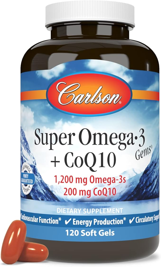 Carlson - Super Omega-3 Gems + CoQ10 1200 mg Omega-3s 200 mg CoQ10 Circulation Function Energy Production &amp Circulatory Support 120 Softgels