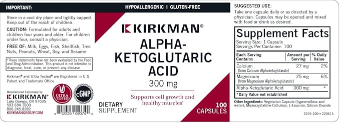 Kirkman Alpha-Ketoglutaric Acid 300 mg - Hypoallergenic | 100 Vegetarian Capsules