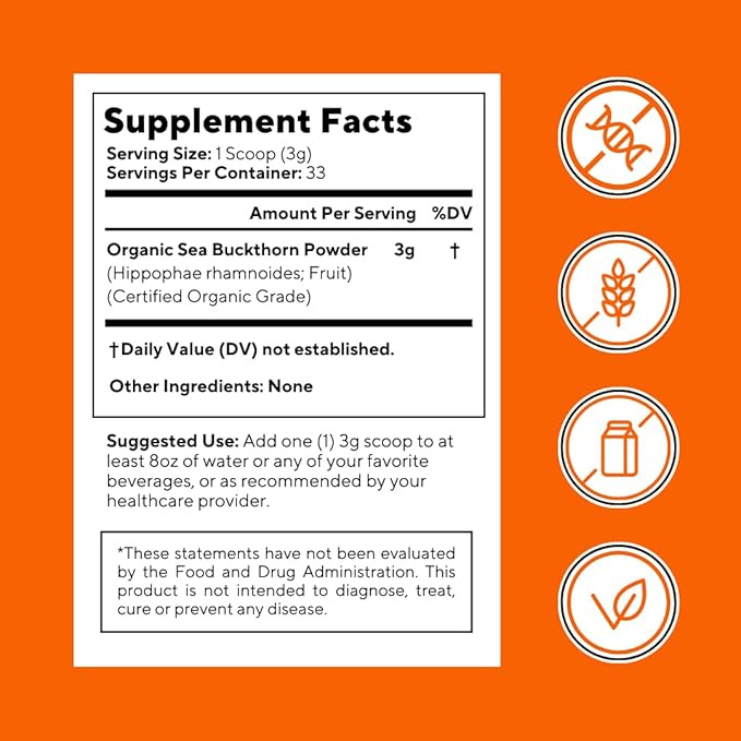 Organic Sea Buckthorn Extract Powder with Natural Omega 7 &amp Omega 3 6 9 for Heart Health Skin Immune Support - 100g Powder Supplement &amp 33 Day Supply - Non-GMO Gluten-Free Vegan-Friendly