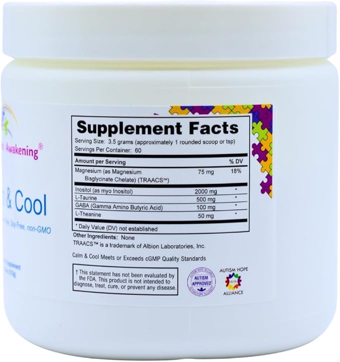 Spectrum Awakening Calm &amp Cool Supplement for Kids - Supports Focus Calm Sensory Balance with Magnesium Inositol L-Taurine GABA and L-Theanine - 60 Servings for Relaxed Centered Mind