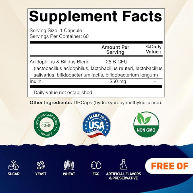Vitamatic Acidophilus Bifidus 25 Billion DR Capsule - 60 Count - Digestive Support - Made with Prebiotic Inulin Fiber - 2 Pack (120 Count)