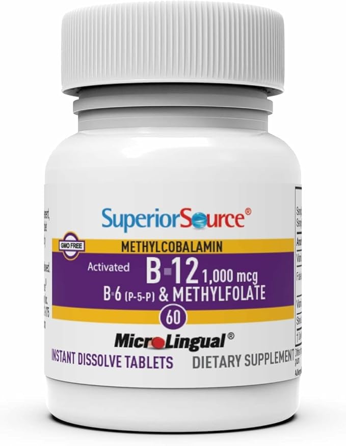 Superior Source No Shot Vitamin B-12 Methylcobalamin 1000 mcg B-6 &amp Methylfolate 1000 mcg - Supports Energy Brain and Heart Health - Bariatric Friendly - 60 Sublingual Dissolving Tablets