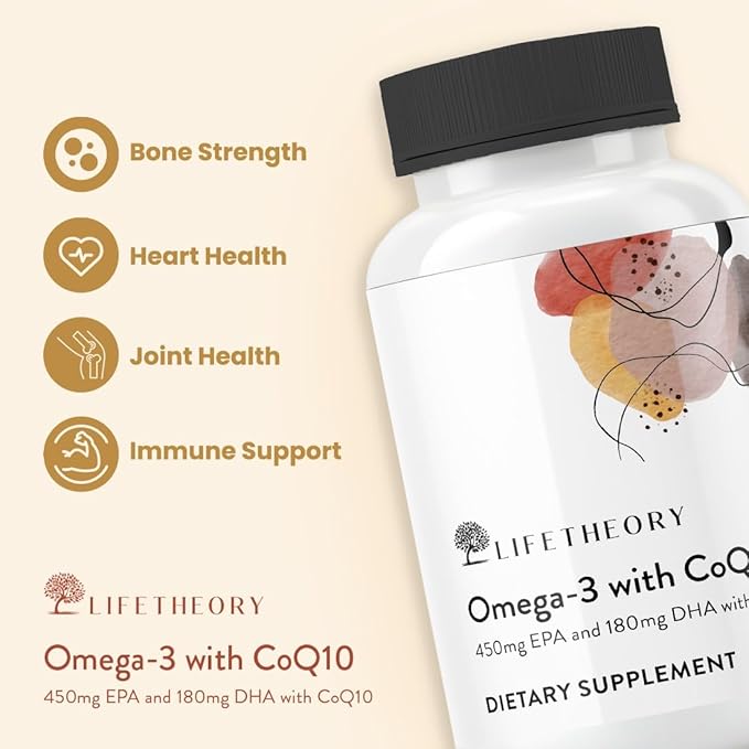 LIFETHEORY Omega-3 with CoQ10 | 450mg EPA &amp 180mg DHA per Serving | Fish Oil Dietary Supplement | with Coenzyme Q10 | 120 Softgels