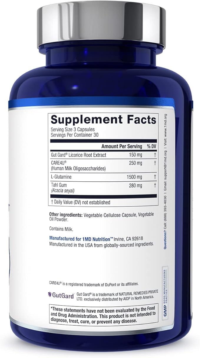 1MD Nutrition GutMD - L-Glutamine Capsules w/Prebiotic for Gut Health - L Glutamine Supplement - Supports Healthy Digestive Tract Integrity - 90 Capsules