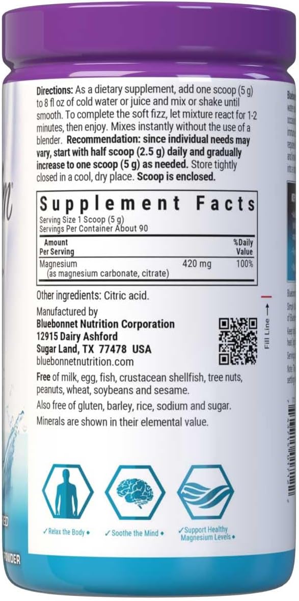 Bluebonnet Nutrition Simply Calm Powder For Calm* Muscle Cramps* Stress Relief* Vegan Vegetarian Non GMO Gluten Free Soy Free Milk Free Kosher 16 oz 90 Servings Unflavored