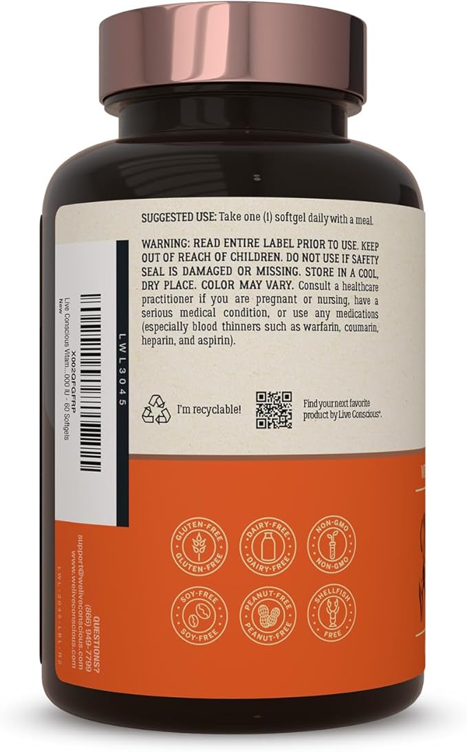 Live Conscious Vitamin K2 MK7 with D3 Supplement | Bone &amp Heart Health Support - Patented Vitamin K &amp Vitamin D3 5000 IU (2-Pack)