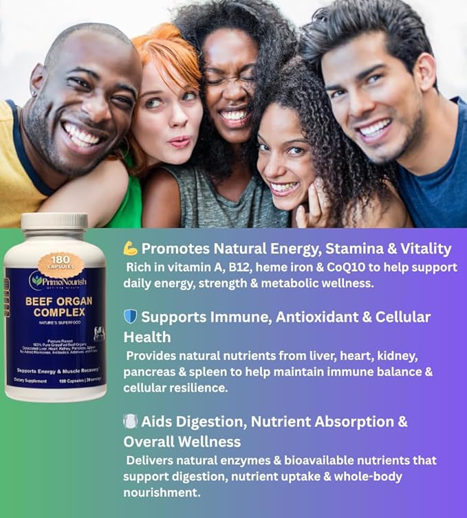 Beef Organ Supplement Capsules for Energy &amp Vitality – Grass-Fed Organ Complex (Liver Heart Kidney Pancreas Spleen) 180 Capsules Hormone-Free Made in USA