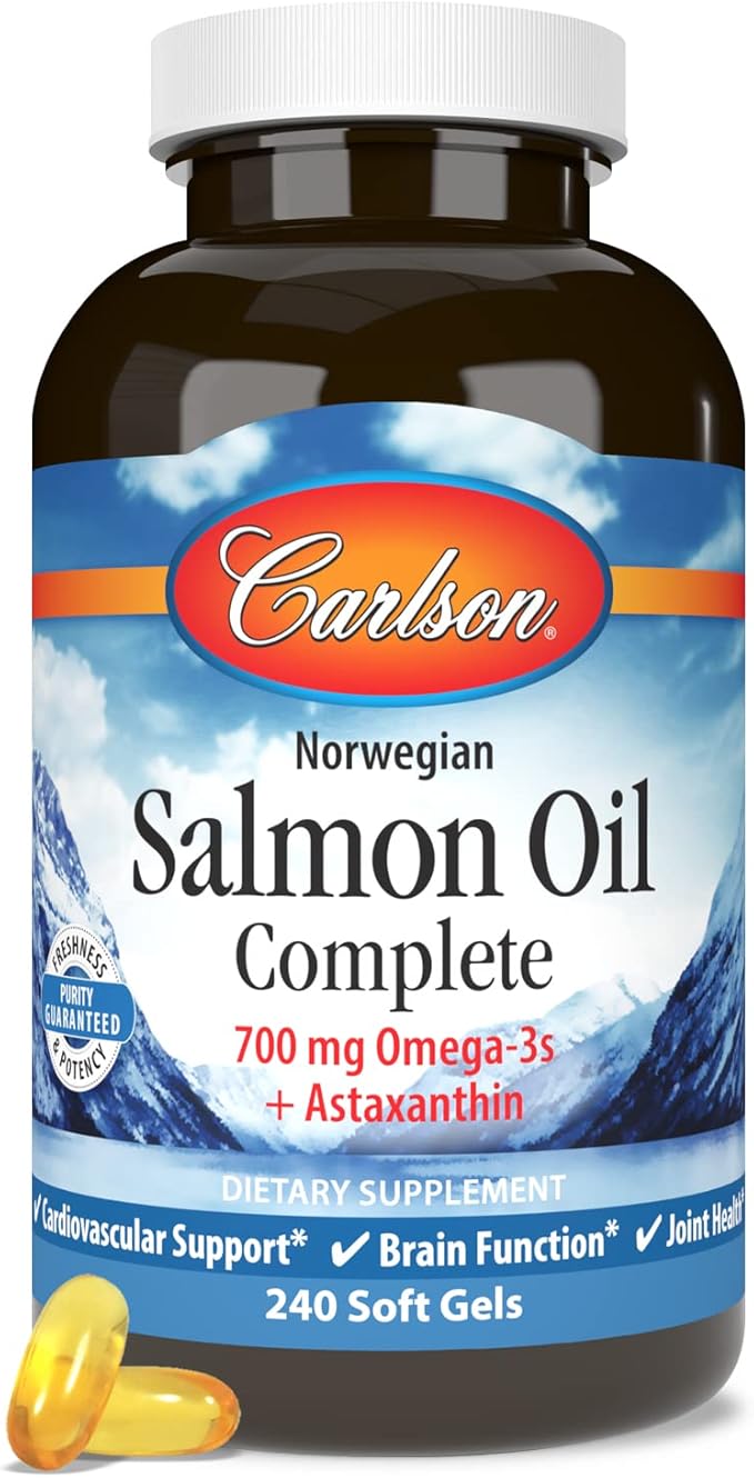 Carlson - Salmon Oil Complete 700 mg Omega-3s + Astaxanthin Cardiovascular Support Brain Function &amp Joint Health Norwegian 240 Softgels