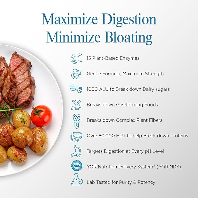 YOR DIGEST ULTRA - Digestive Enzymes for Bloating &amp Digestion Gut &amp Digestive Health Max Strength Instant Relief Gentle 15 Plant-Based Enzymes Vegan Gluten-Free Helps Digest Large Meals