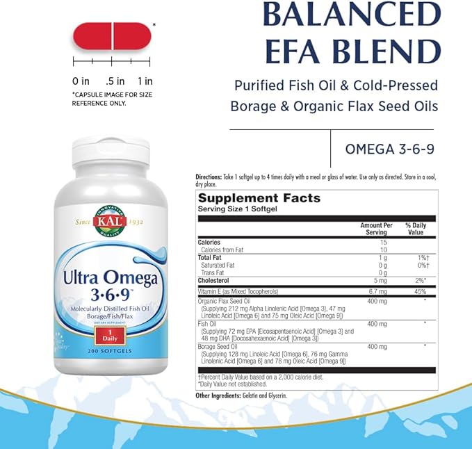 KAL Ultra Omega 3-6-9 1200mg | Fish Oil w/Cold Pressed Flaxseed &amp Borage Oil | Skin Hair Heart Memory | 200 Softgels