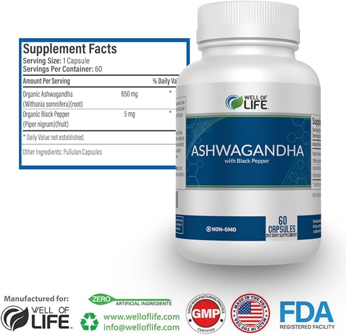 Well of Life Ashwagandha Supplements 1300mg Per Serving – with Black Pepper Extract for Calm Focus &amp Sleep Support | 60 Vegan Capsules Non GMO GMP Certified USA Made
