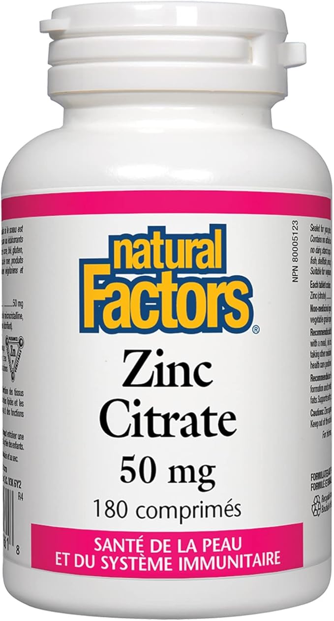 Natural Factors - Zinc Citrate 50mg Support for Healthy Skin &amp Immune Function 180 Tablets