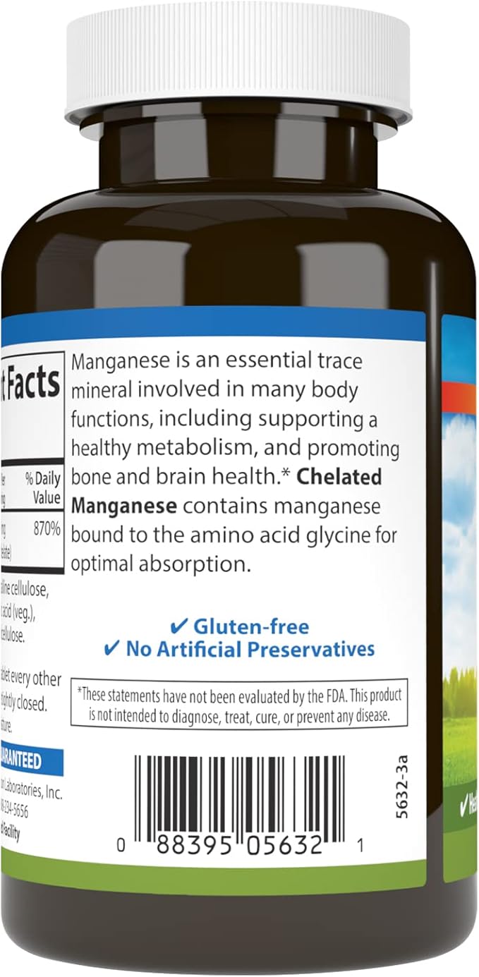 Carlson - Chelated Manganese 20 mg - Superior Absorption Healthy Metabolism Bone Support &amp Brain Health 250 Tablets