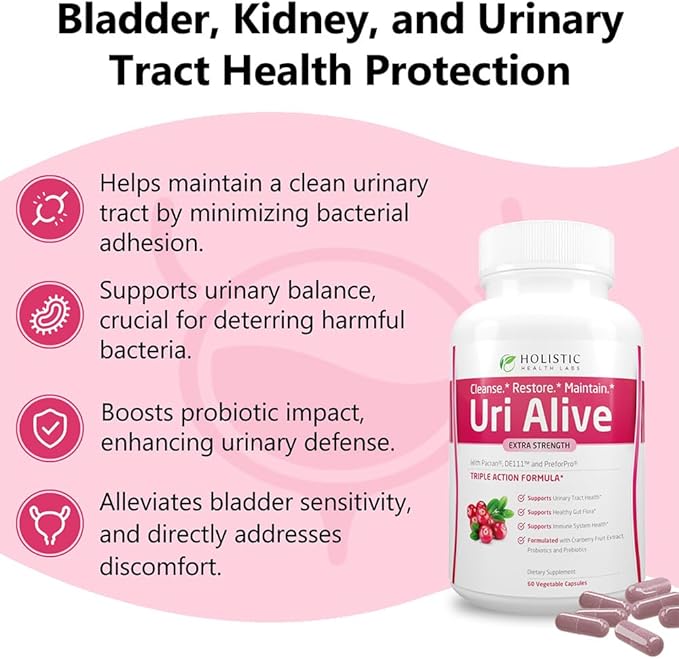 Uri Alive Extra Strength Urinary Support Supplement for Urinary Tract Bladder Gut Flora and Immune System Health (60 Count (Pack of 1))