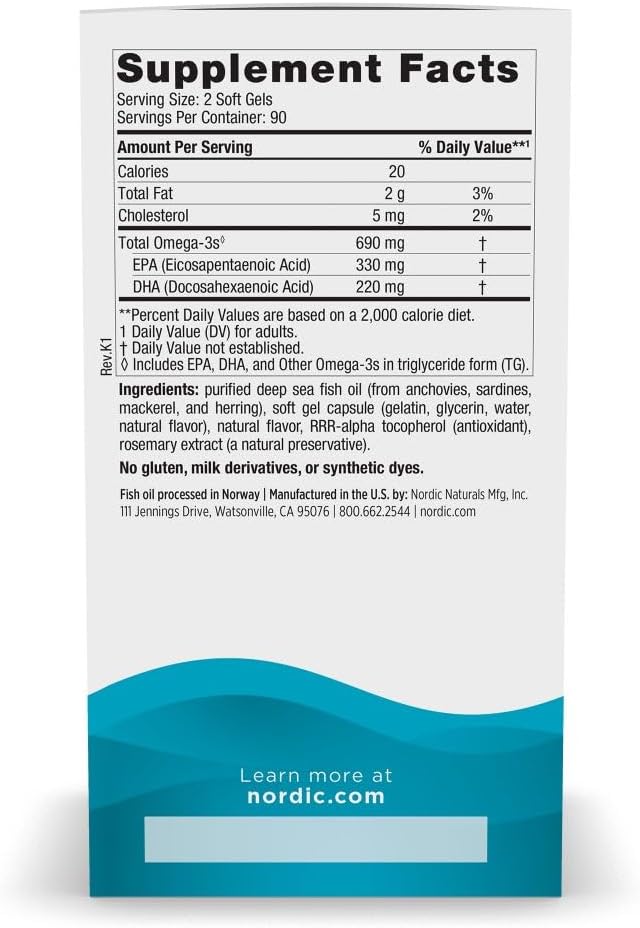 Nordic Naturals Omega-3 Lemon Flavor - 180 Soft Gels - 690 mg Omega-3 - Fish Oil - EPA &amp DHA - Immune Support Brain &amp Heart Health Optimal Wellness - Non-GMO - 90 Servings