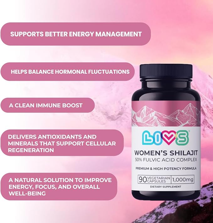 LIVS Women’s Shilajit Capsules – Himalayan Shilajit Extract with 50% Fulvic Acid – 1000mg per Serving – Organic Shilajit Supplement for Women – 180 Capsules