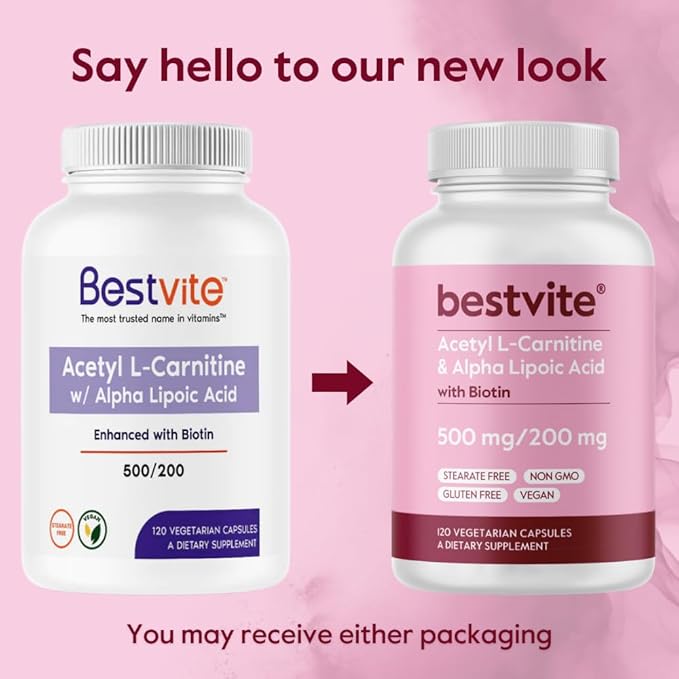 BESTVITE Acetyl L-Carnitine 500mg &amp Alpha Lipoic Acid 200mg per Capsule with Biotin (240 Vegetarian Capsules) (120 x 2) - No Stearates - Vegan - Non GMO - Gluten Free