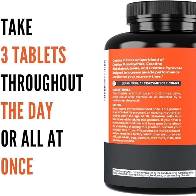 Crazy Muscle ThreeAtine Creatine Monohydrate Pills 5g Pure 3X Formula for Muscle Support &amp Training Performance - High Absorption Pre Workout Supplement for Men &amp Women Fitness 30 Servings