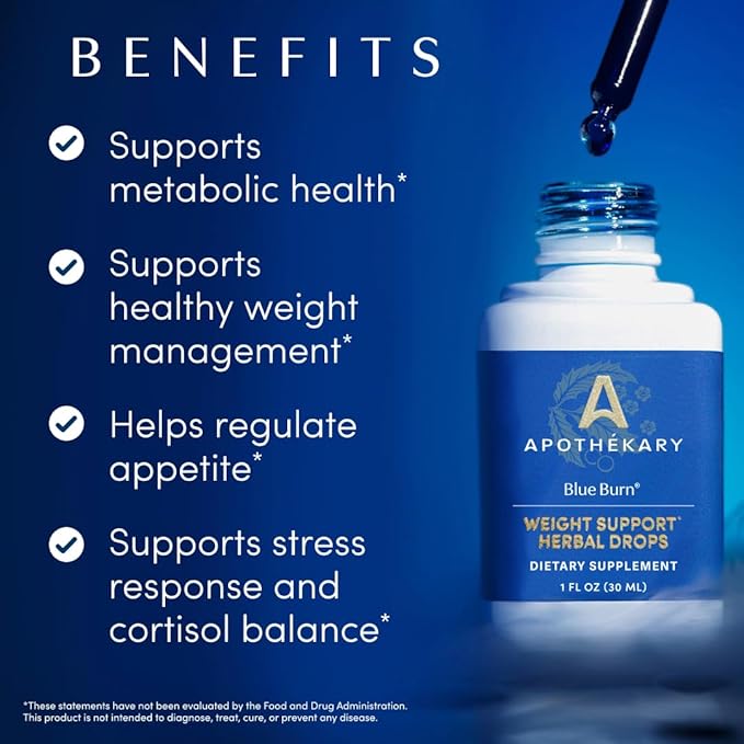 Apothékary Blue Burn Herbal Supplement Liquid Drops Metabolism and Weight Management Support Clinically-Tested Made in the USA 3.4 Fl Oz 100 Servings