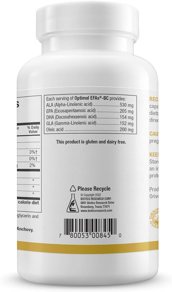 Biotics Research Optimal EFAs - BC Proprietary Blend of Fish Flaxseed and Blackcurrant Seed Oils. Balance of Omega3 6 and 9 Fatty Acids 120 Softgels