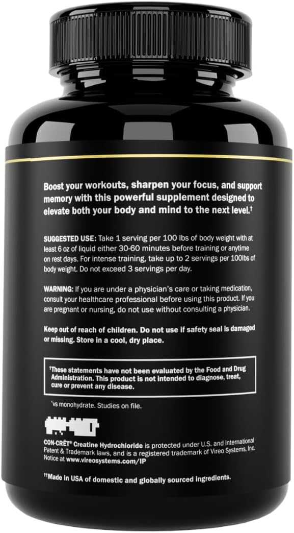 Prime Labs Creatine HCl Capsules - with CON-CRĒT® Rhodiola Root Extract &amp L-Theanine - Muscle Support Endurance Cognitive Function - for Men &amp Women - 60 Pills