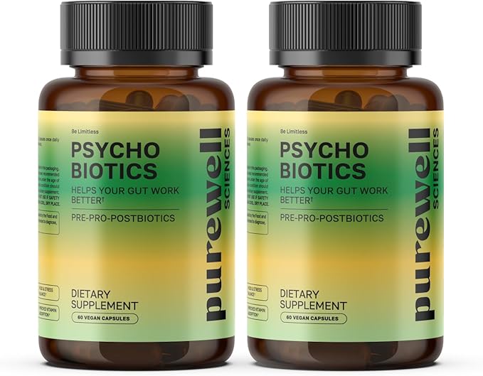 Psychobiotics – Advanced 3-in-1 Probiotic Prebiotic Postbiotic Supplement for Gut and Mood Support - 120 Vegan Probiotic Capsules – 50 Billion CFU - 2 Month Supply