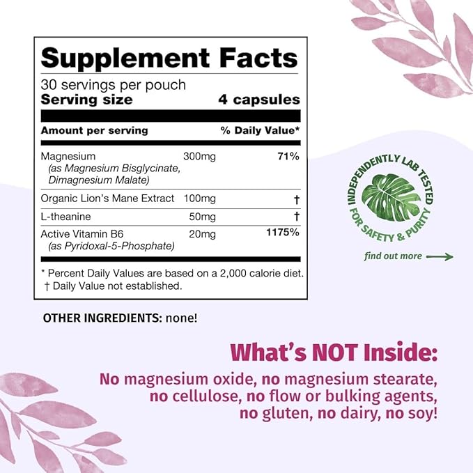 Enhanced Magnesium (Capsules) | Precise 300mg per Serving | Enhancement Blend: Organic Lion's Mane Extract L-theanine Active Vitamin B6 | 120 Capsules - by Organic Burst
