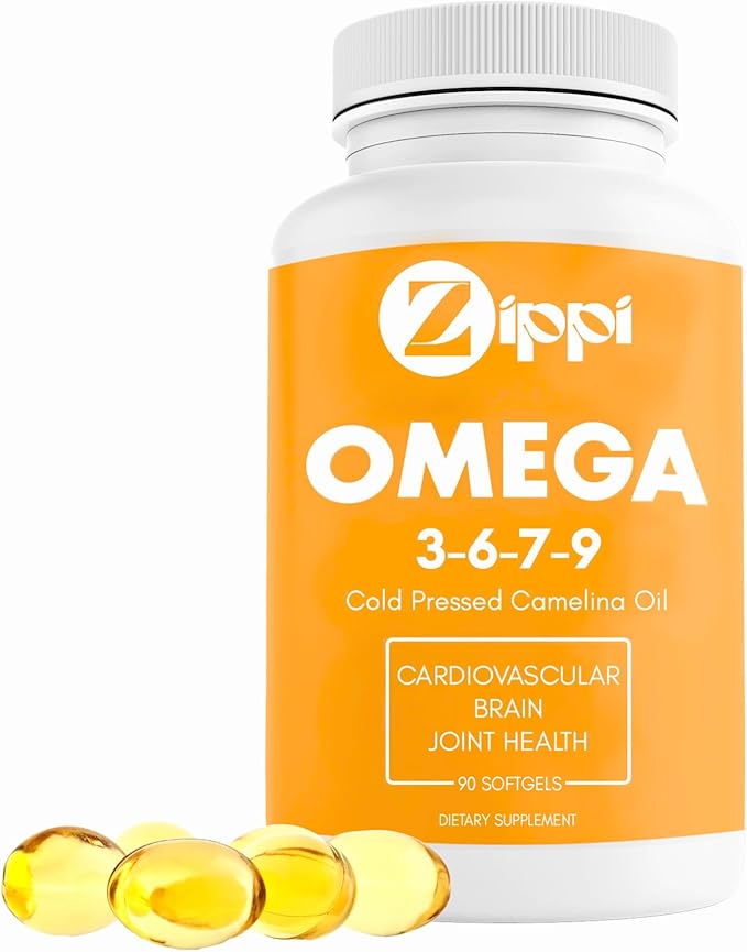 Zippi Omega 3-6-7-9 Camelina Softgels - Plant Based Omega 3-6-7-9 Fatty Acid Supplement. Helps to Support Brain Liver Cardiovascular Immunity and Joint Function