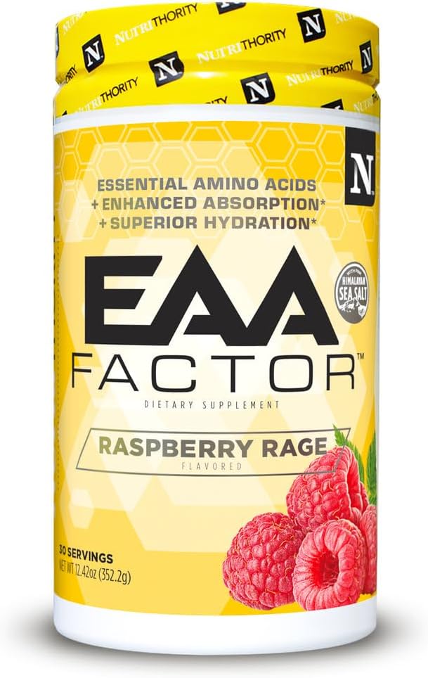 Nutrithority EAA Factor BCAA Essential Amino Acids Powder Raspberry Rage 30 Servings - Sugar &amp Caffeine Free Intra &amp Post Workout Drink with Electrolytes - Improve Muscle Recovery &amp Hydr