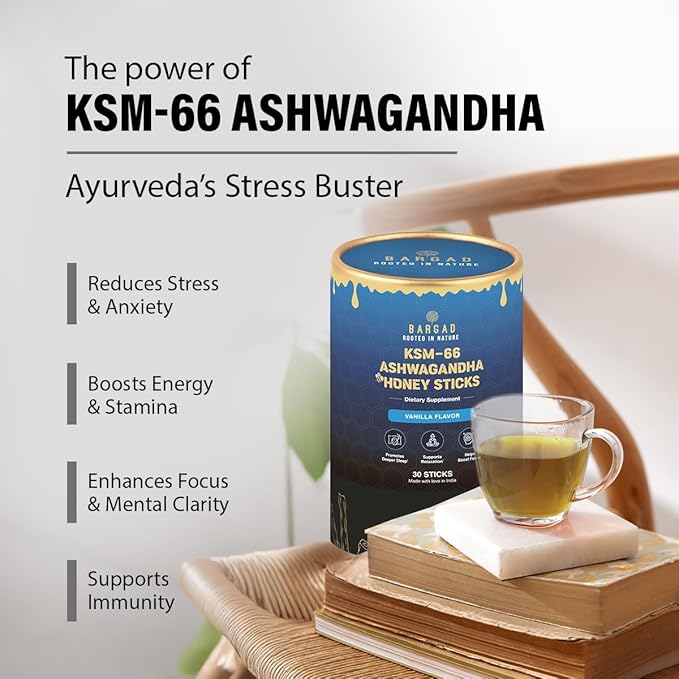 Bargad KSM-66 Ashwagandha Honey Sticks | 400mg Adaptogenic Support | Promotes Relaxation Sleep Focus Energy &amp Vitality | Premium Organic Honey | No Artificial Additives | 30 Count