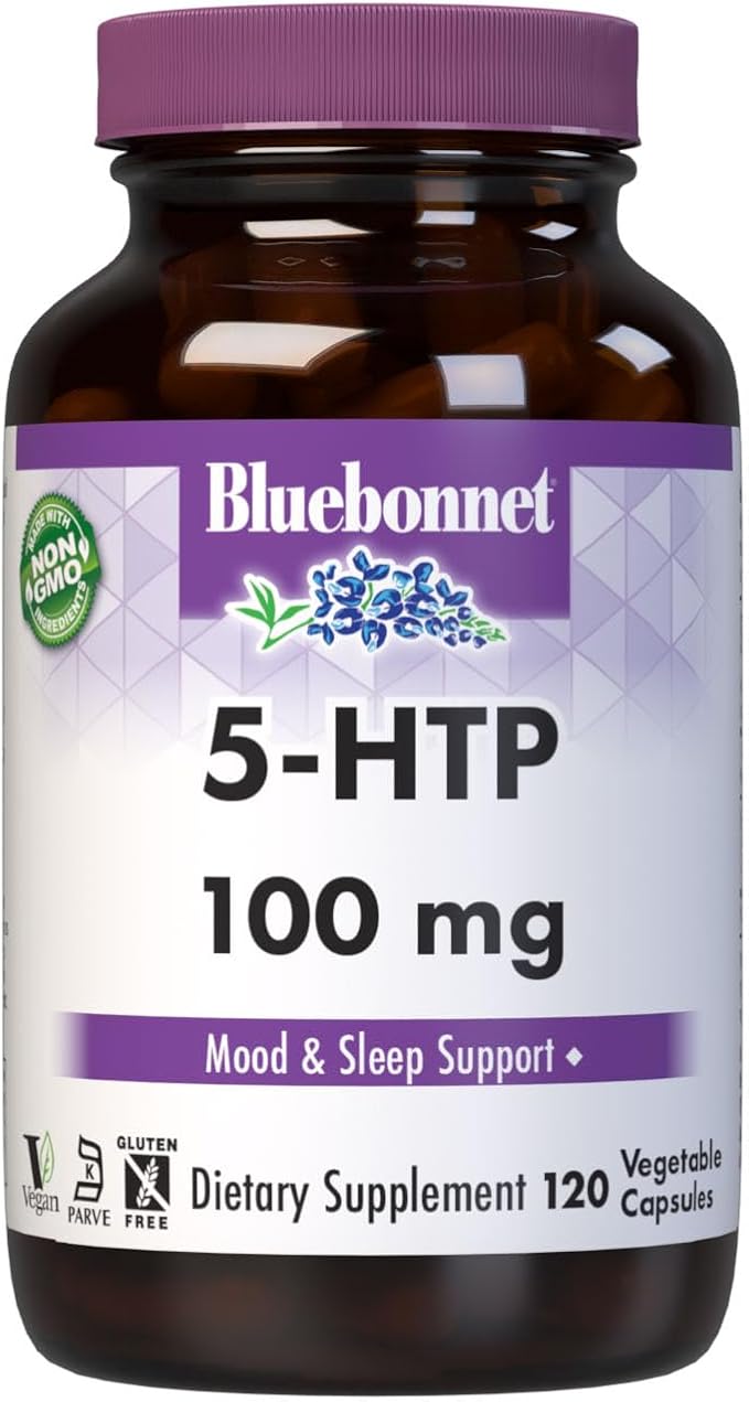 Bluebonnet Nutrition 5-HTP(Hydroxytrypophan) 100mg for Neurotransmitter Support* Supports Positive Mood* Soy-Free Gluten-Free Non-GMO Kosher Certified Vegan White120 Vegetable Capsule