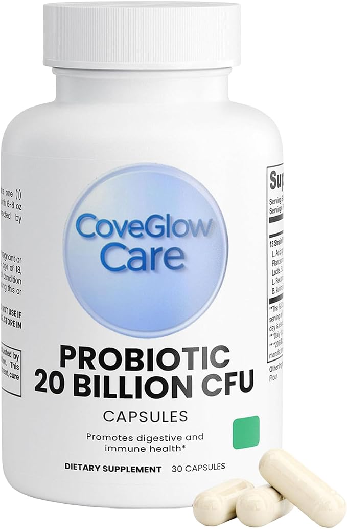 CoveGlow Probiotic 20 Billion-L. Acidophilus L. Rhamnosus &amp B. Lactis - Natural Digestive &amp Immune Support Formula in Vegetable Capsules