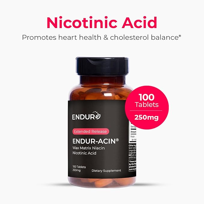 ENDUR-ACIN - Niacin B3 - ER (Extended Release) 250 mg - Nicotinic Acid - Healthy Heart &amp Cholesterol Balance Supplement - Low-Flush High-Potency Niacin with 4–8 HR Timed-Release Matrix - 200 Table