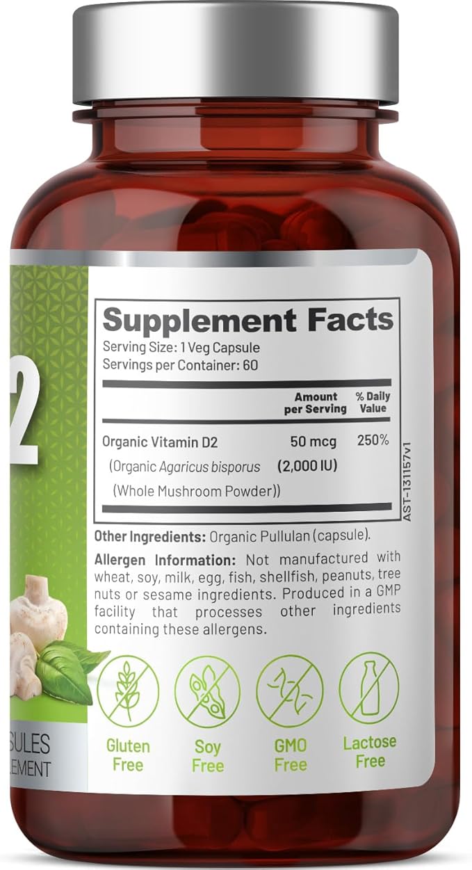 Vegan Whole Food Vitamin D 2000 IU (50 mcg) D2 Two Ingredients (Organic Whole Mushroom and Organic Vegan Capsule) Non-GMO Third Party Tested 60 Day Supply