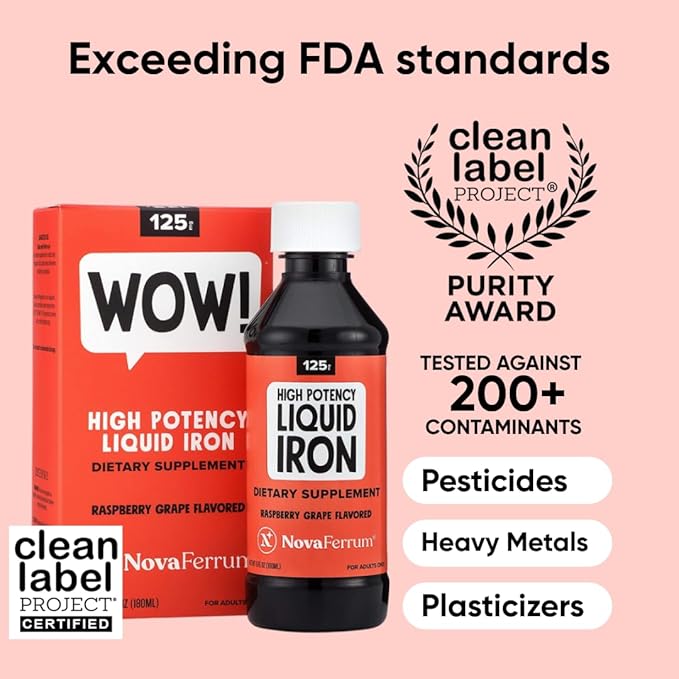 NovaFerrum Wow 125 High Potency Liquid Iron Supplement for Adults Iron Deficiency 125mg of Iron Per 5mL Dose Vegan Verified Gluten Free Certified Sugar Free