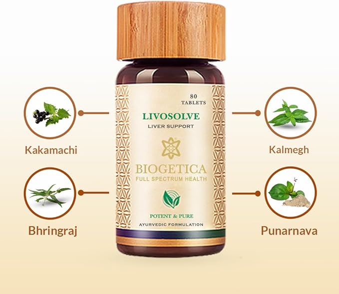 Biogetica Livosolve Herbal Supplement for Liver Care - Total Liver Support Cleanse &amp Detox Protects Cells &amp Enzymes - 100% Vegan Non-GMO - 80 Tablets