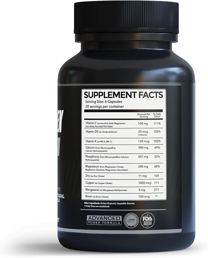 PrimeGENIX Bone Complex – Advanced Bone Strength Supplement for Men 40+ with MCHA Calcium Vitamin D3 K2 Magnesium and Zinc – Supports Bone Density and Active Lifestyles – 120 Capsules