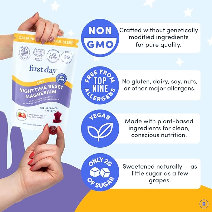 FIRST DAY Magnesium for Kids Gummies – Calm Kids Magnesium Citrate Gummies to Support Sleep &amp Relaxation – Bedtime Supplement with Suntheanine® L-Theanine NO Melatonin - Strawberry - 30-Day Suppl