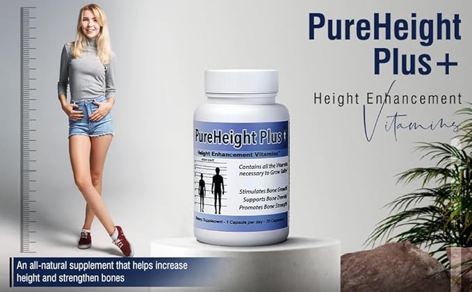 PureHeight Plus #1 Doctor Recommended Height Enhancement Supplement - Growth Vitamins for Kids Teens &amp Adults - Increase Bone Strength and Density - Height Enhancer Vitamins Grow Taller Fast