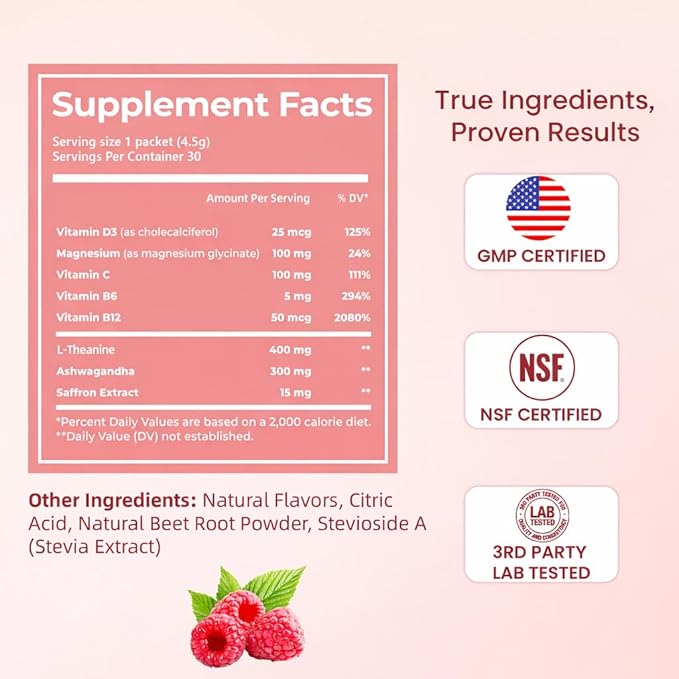 Calm Magnesium Powder Cortisol Supplement for Women Supports Sleep Stress Relief &amp Relaxation with Ashwagandha Saffron L Theanine Vitamin D3 No Sugar 30Ct Raspberry Lemonade